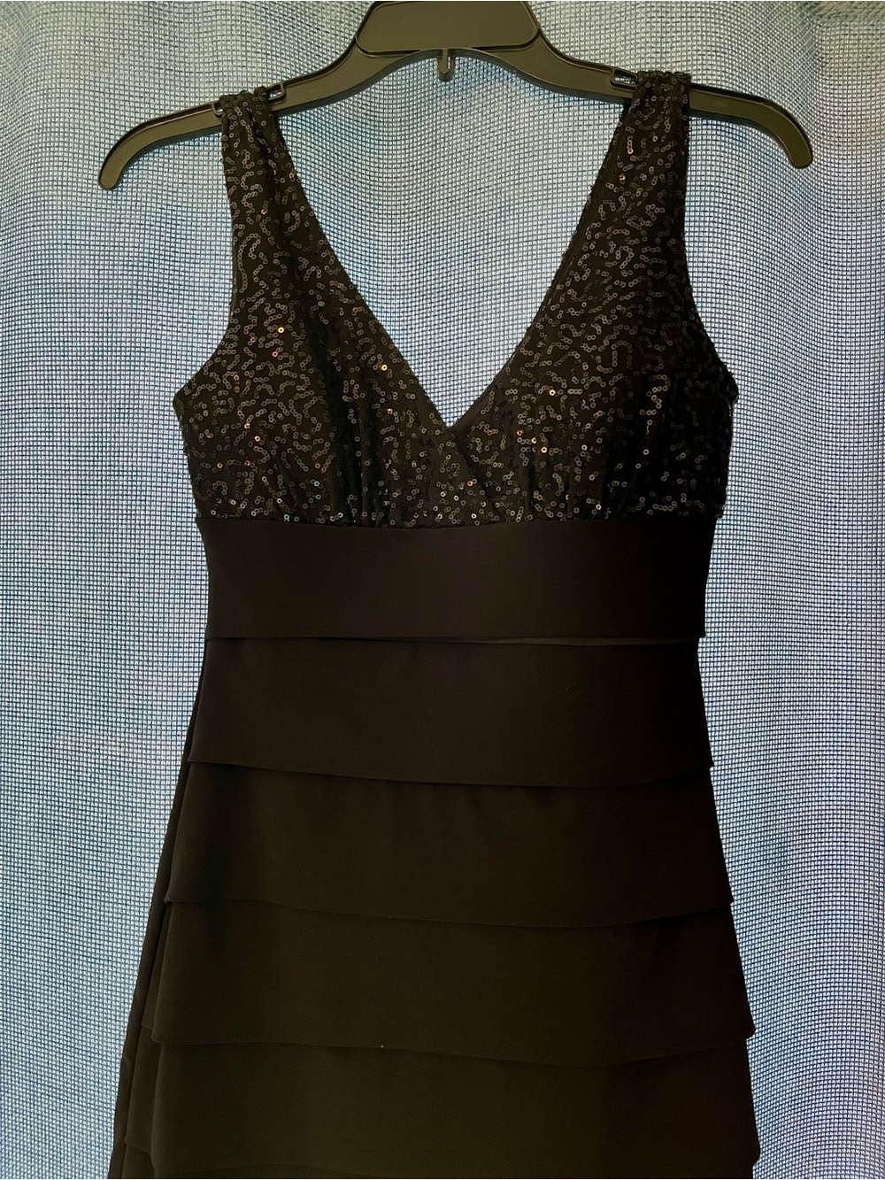 B Darlin Black Sequin V-Neck Tiered Slip Dress